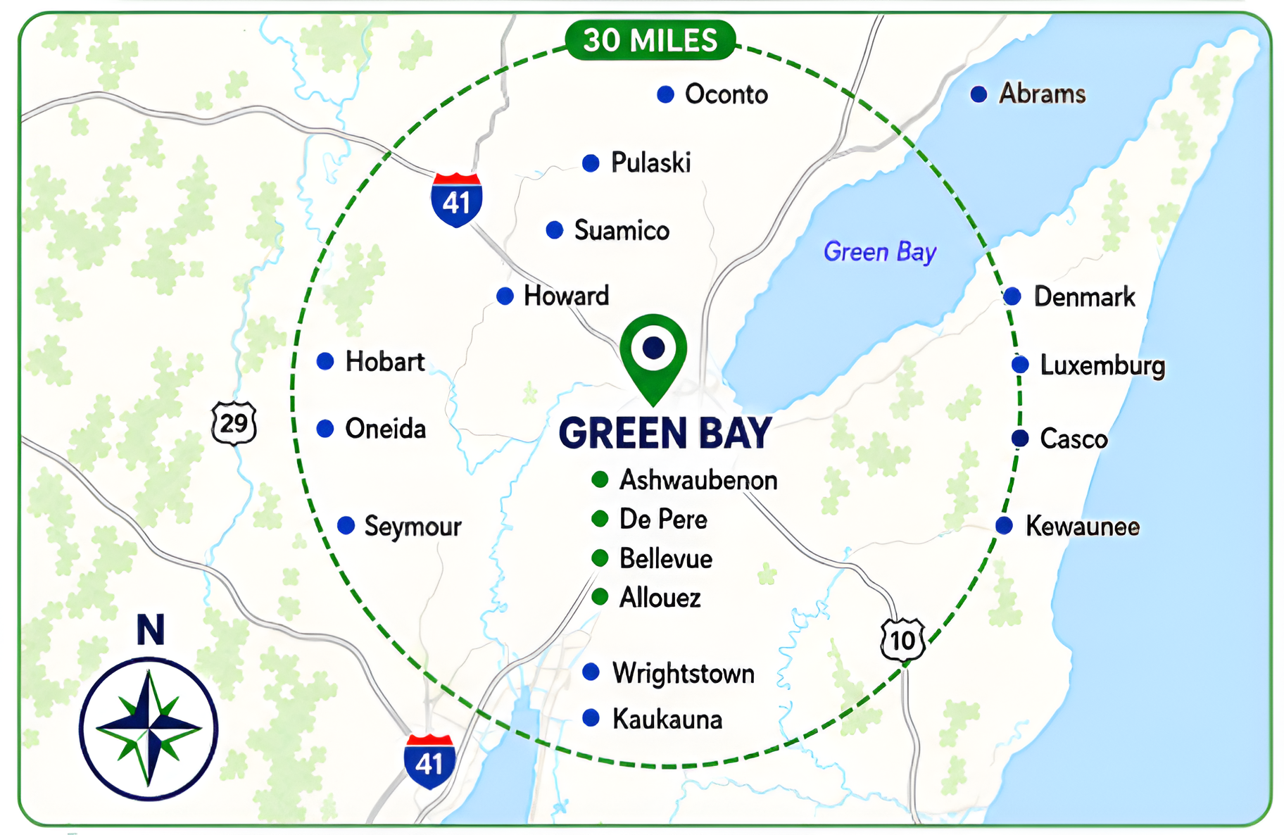 Delivery area map - 30 miles around Green Bay, WI